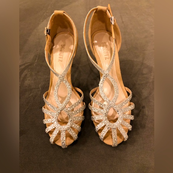 Schutz Tan Suede and Silver Heels-Size 7 - Picture 1 of 5